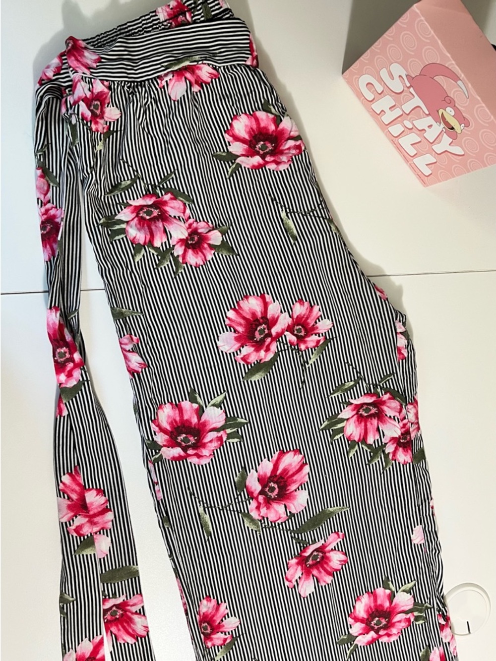 SHEIN Black & White Stripe Wide Leg Pants with Pink Floral Print